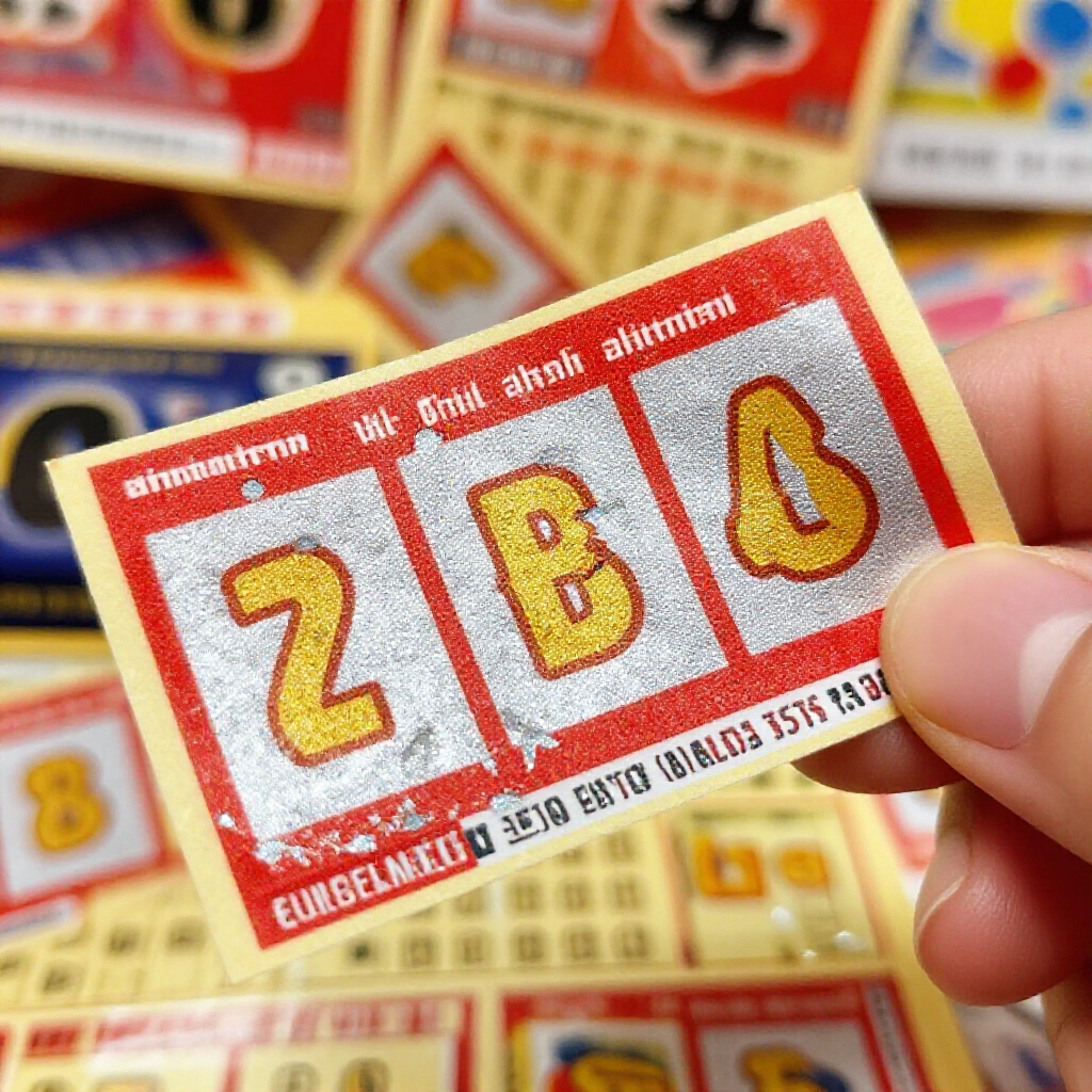 手持彩色刮刮樂彩券特寫,銀漆殘留下露出三個粗體英文字母,商店燈光下紅金色調鮮豔