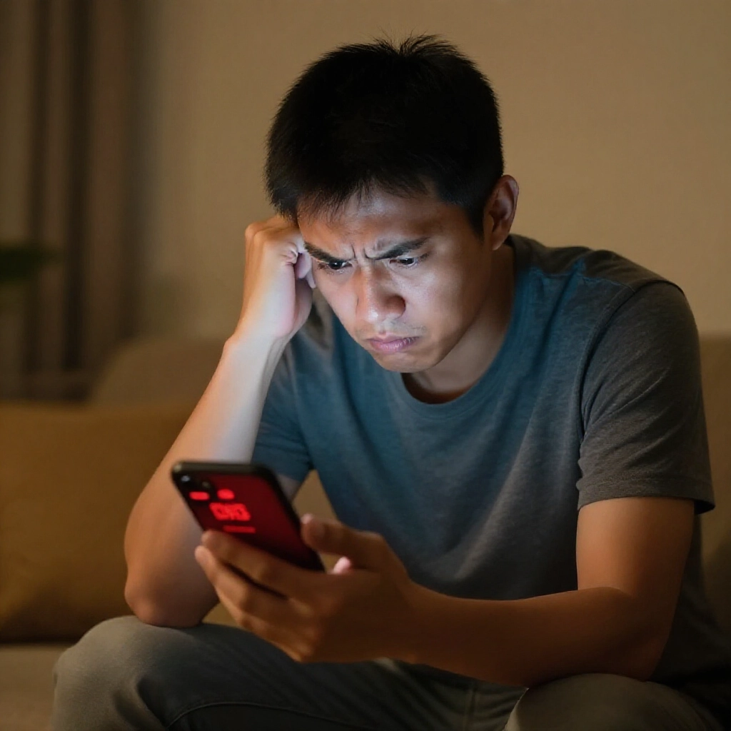 台灣男子在家持手機顯示紅色錯誤頁面，緊張表情調整 DNS 設定
