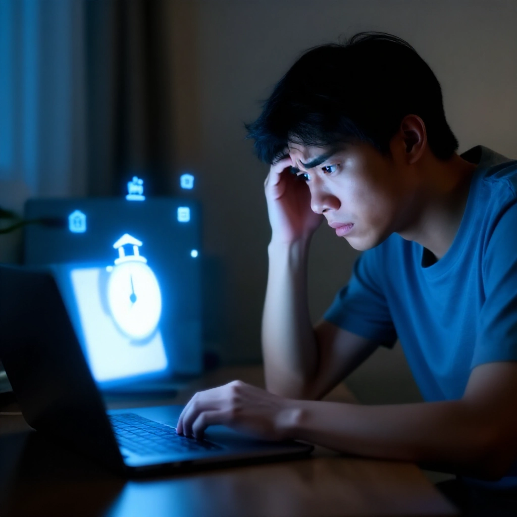 一位沮喪的年輕台灣男子在昏暗房間盯著筆電螢幕,顯示延遲提款通知,時鐘已過午夜,銀行圖示閃爍
