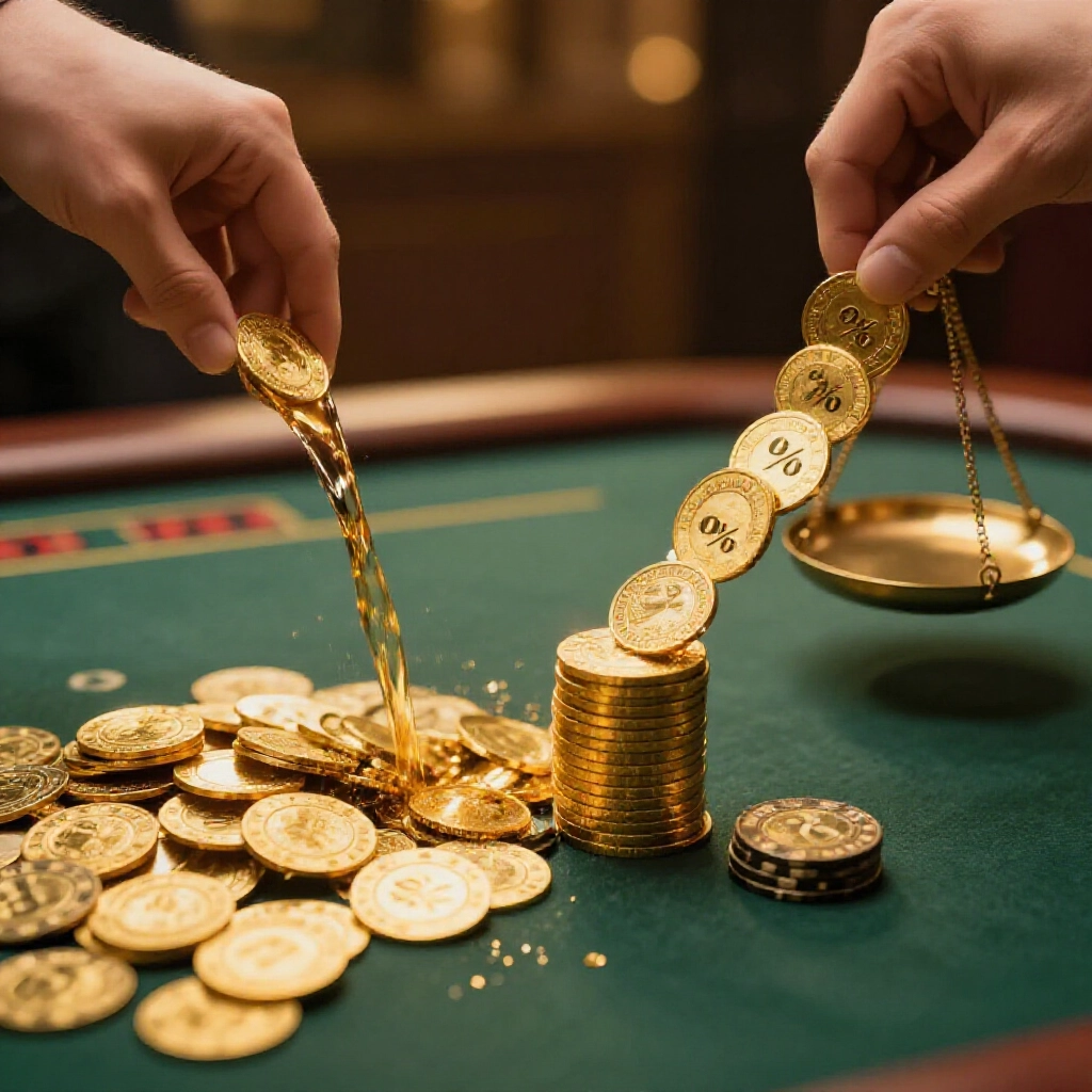 黃金籌碼從閒家投注堆流向莊家贏家堆，莊家抽取5%水錢留下較少賠付，桌燈溫暖光芒下數學天平顯示平衡