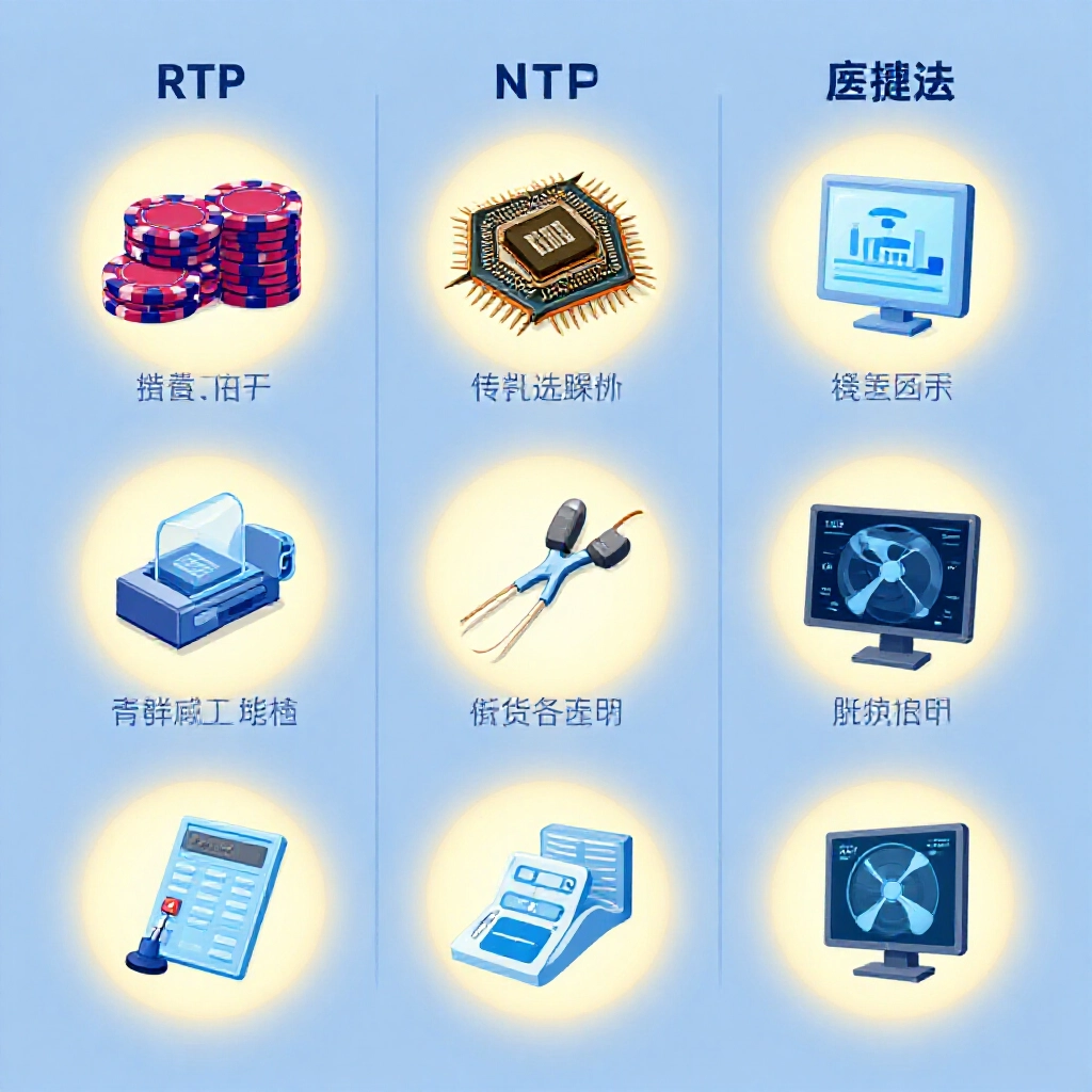 RTP 在博弈、網路通訊、半導體與醫學領域的意義資訊圖表格,包含娛樂城籌碼、串流影片圖示、晶片製造工具與醫學X光機