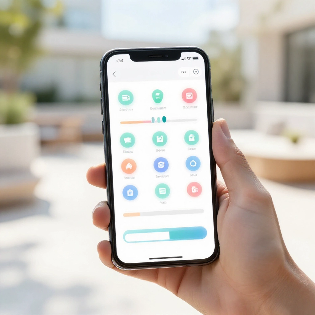 手機顯示 LEO APP 安裝步驟畫面,彩色圖示與進度條在陽光露台