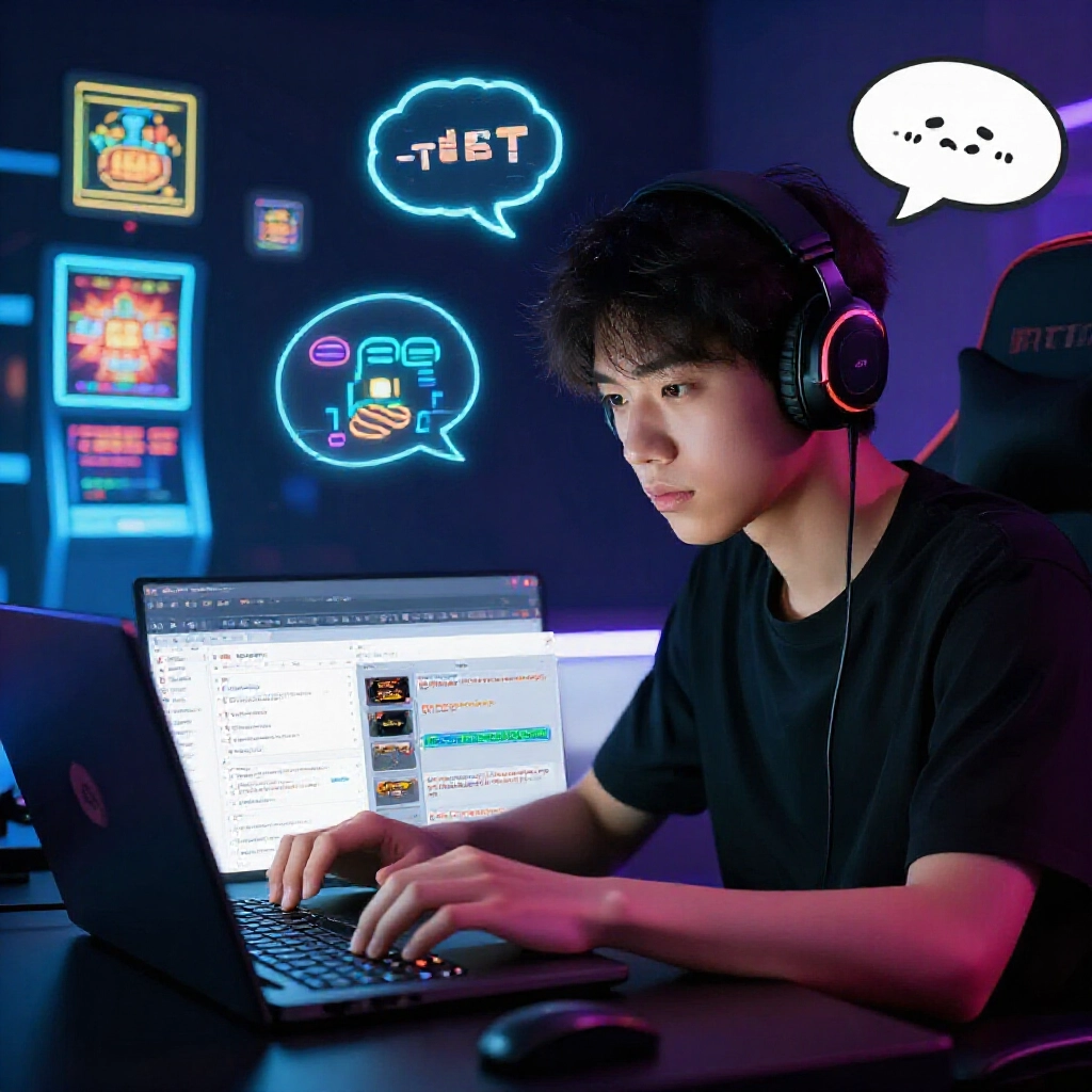 年輕台灣玩家在昏暗房間內專注滑動筆電上的 PTT 討論串,周圍環繞發光的娛樂城遊戲圖示與懷疑思想泡泡