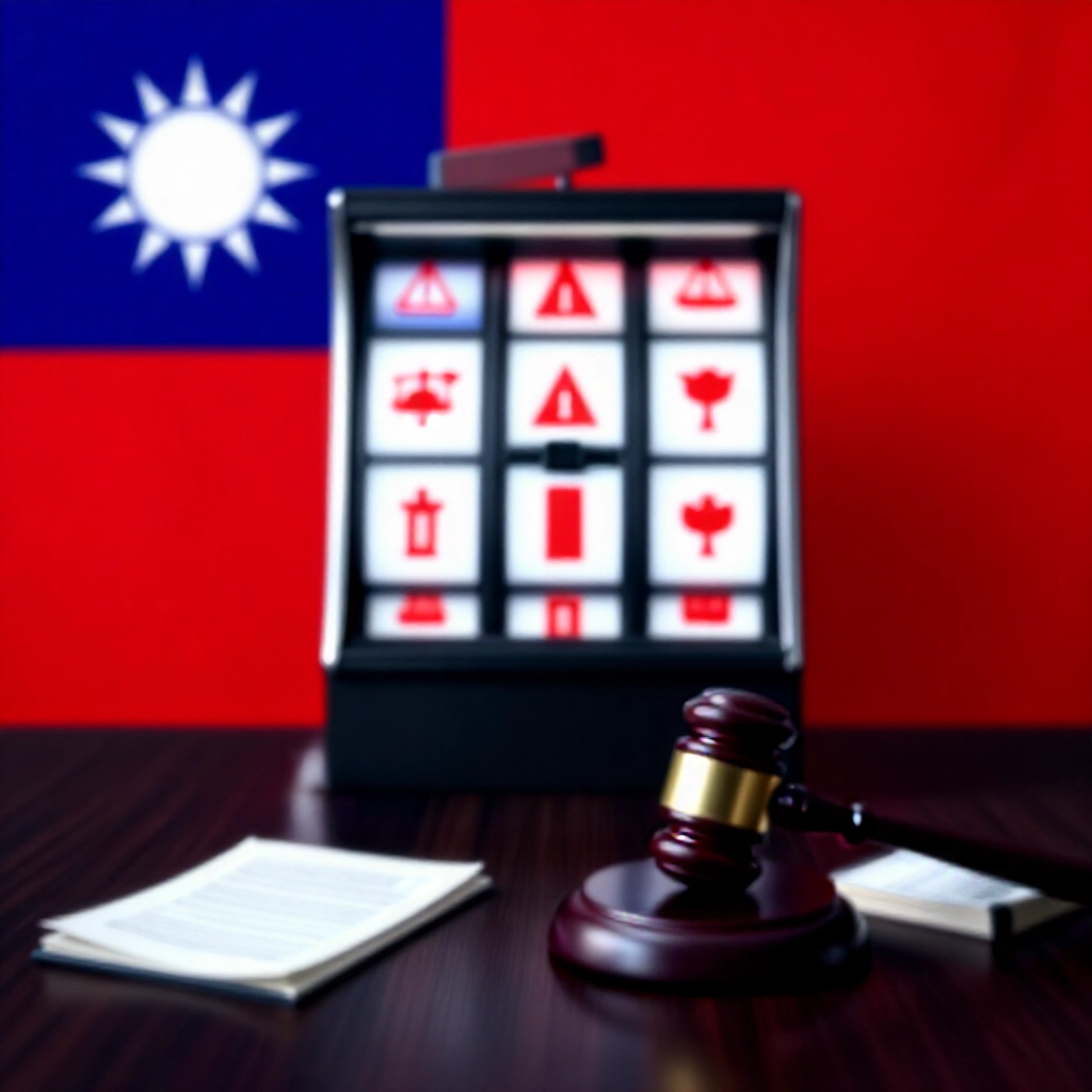 台灣國旗旁時尚老虎機介面,疊加紅色警示圖示、法律天平、木槌與刑法書籍,置於深色木桌嚴肅法庭燈光下