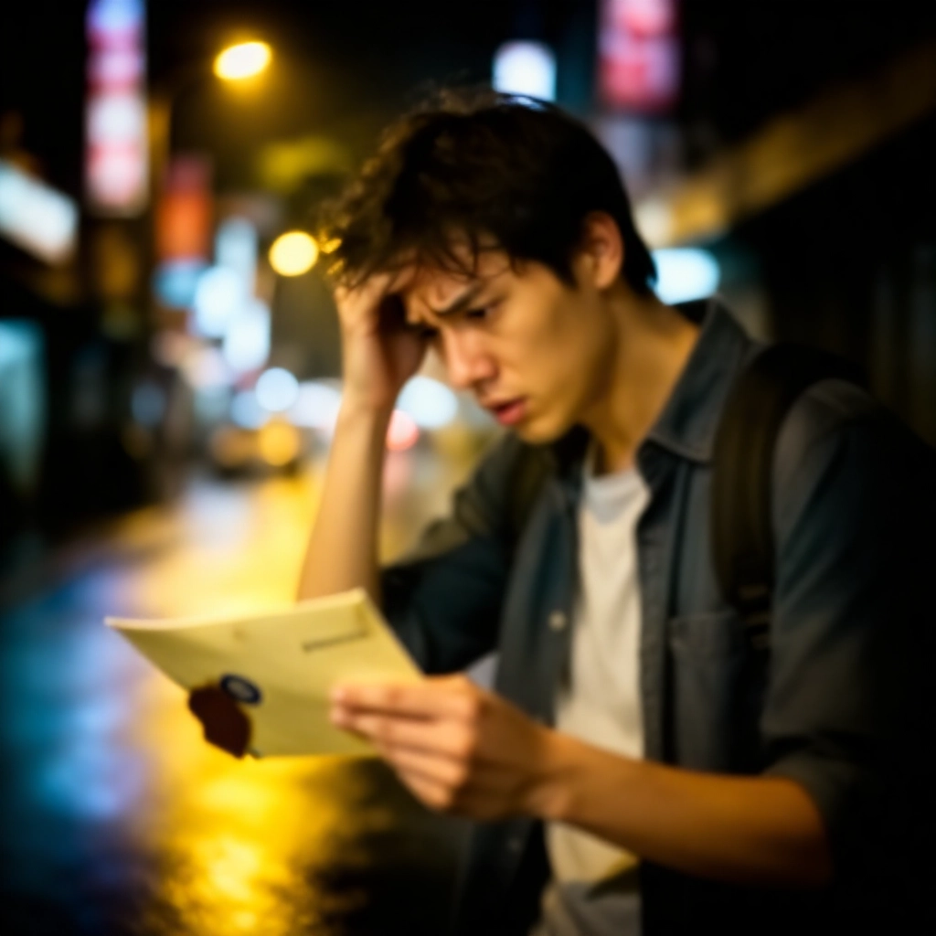 憂慮年輕男子盯著蓋有警徽的公文信封,在台北雨夜街頭,焦慮表情緊握紙張,戲劇性陰影