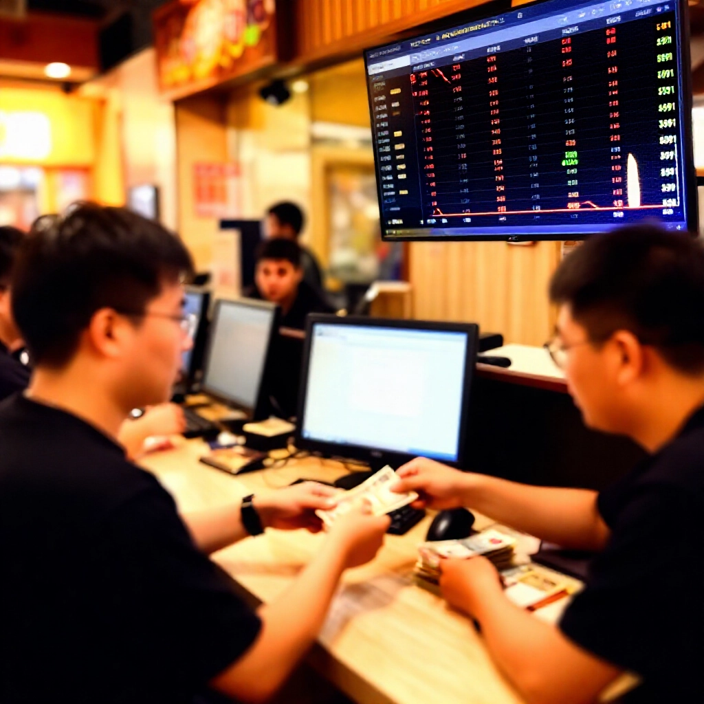 台灣玩家在8591兌換櫃檯交換星城遊戲點數換現金,穩定幣值圖表與Line聊天驗證,溫暖室內市場燈光,寫實場景