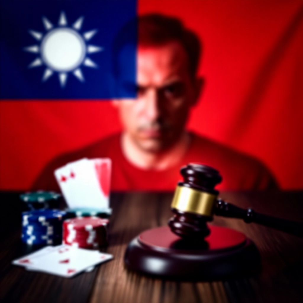 法庭場景,木桌上有撲克牌、籌碼與法槌,背景台灣國旗柔光,強調法律邊界張力