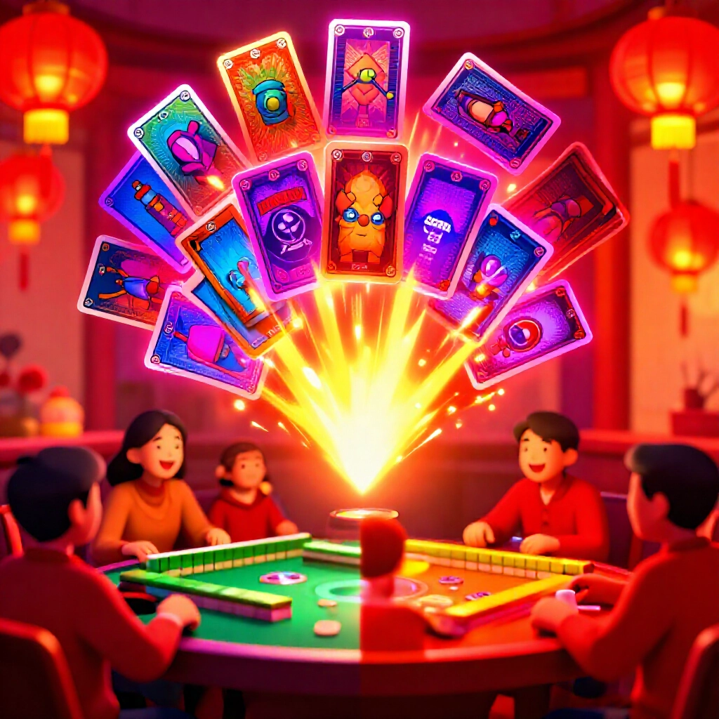 Steam Balatro 撲克牌霓虹爆發、行動麻將桌與過年家庭團聚紅燈籠歡笑的活力拼貼畫面