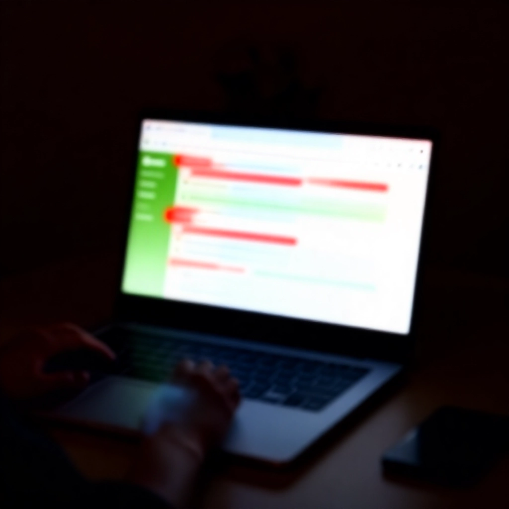 昏暗辦公桌上的筆電螢幕顯示搜尋引擎結果,充滿紅色警示的假博弈網站連結,正當網站以綠色顯示,氛圍緊張