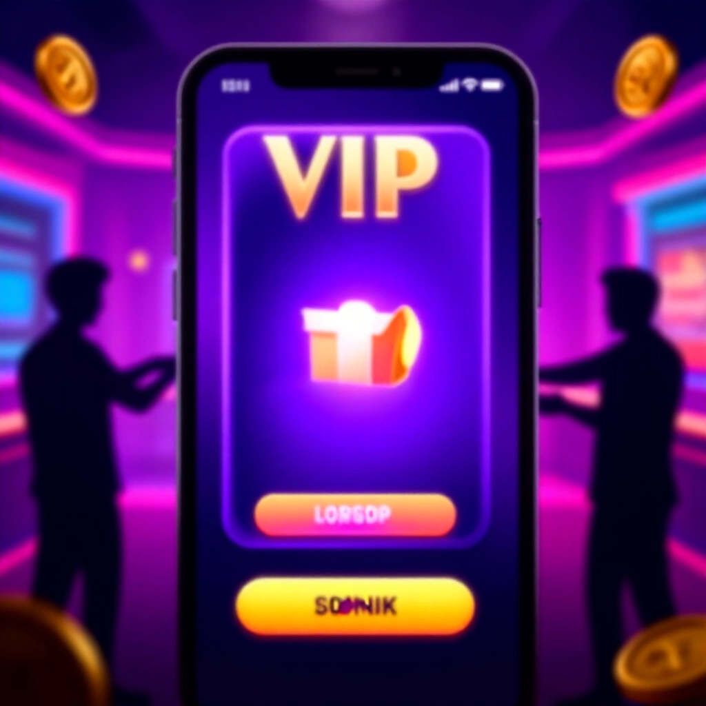 手機遊戲螢幕上發光的豪華紫色 VIP 卡,正在贈禮轉移中,充滿活力霓虹賭場氛圍下陰影人物交換遊戲幣