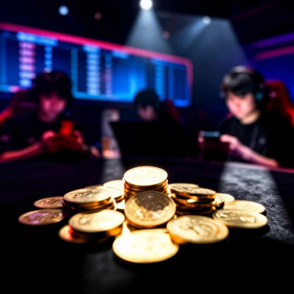 閃耀金幣高堆疊在深色天鵝絨桌上，戲劇性賭場燈光照射，背景兌換看板發光，台灣玩家專注查看手機匯率