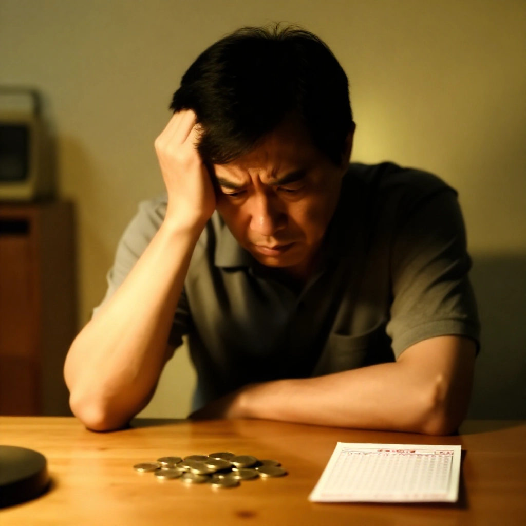 失望中年台灣男子在簡樸家中盯著樂透票旁小小硬幣堆,昏黃燈光下流露挫折與渴望