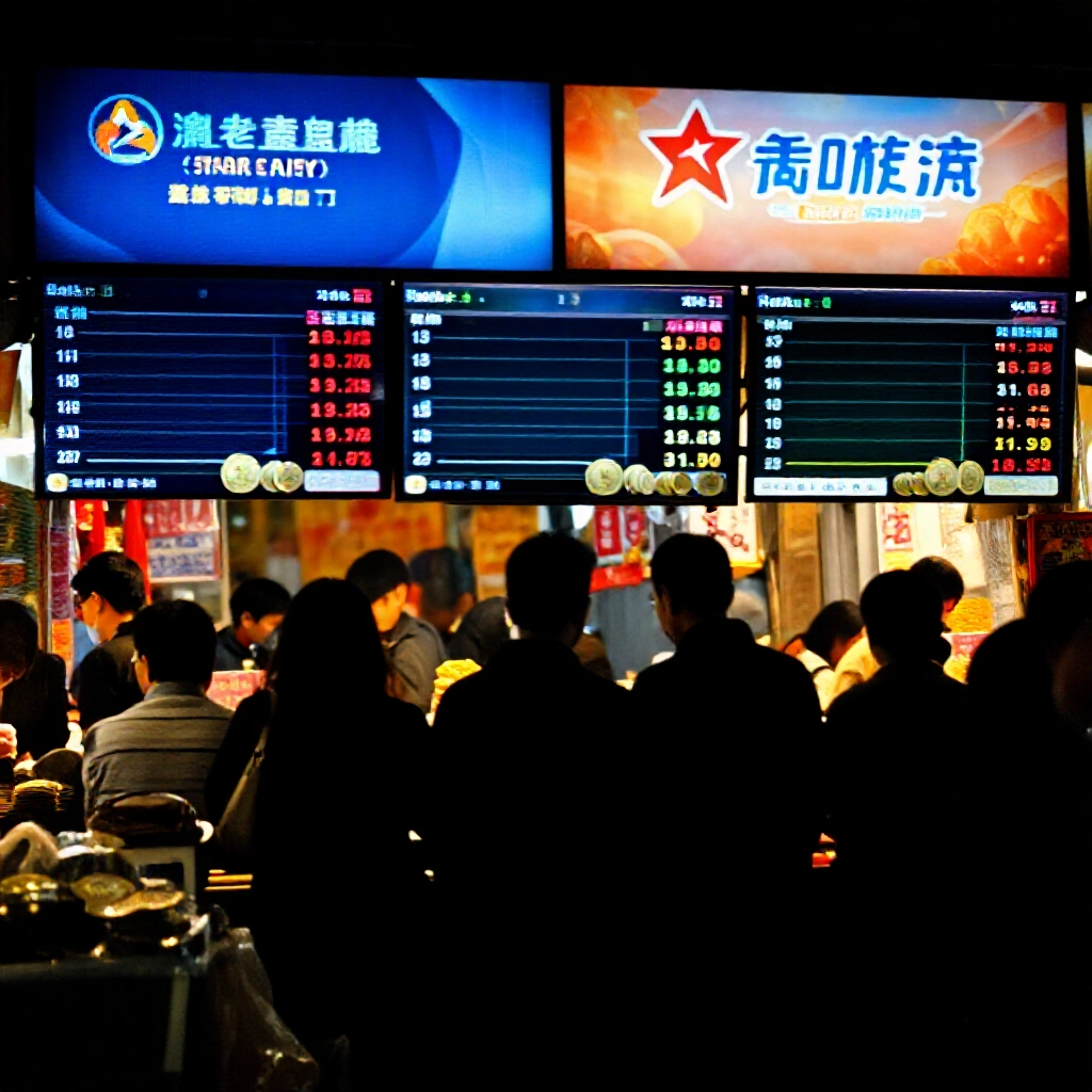 熱鬧市場場景展示台灣手遊如星城與豪神商標，數位看板上波動遊戲幣兌換匯率圖表，交易者剪影熙熙攘攘