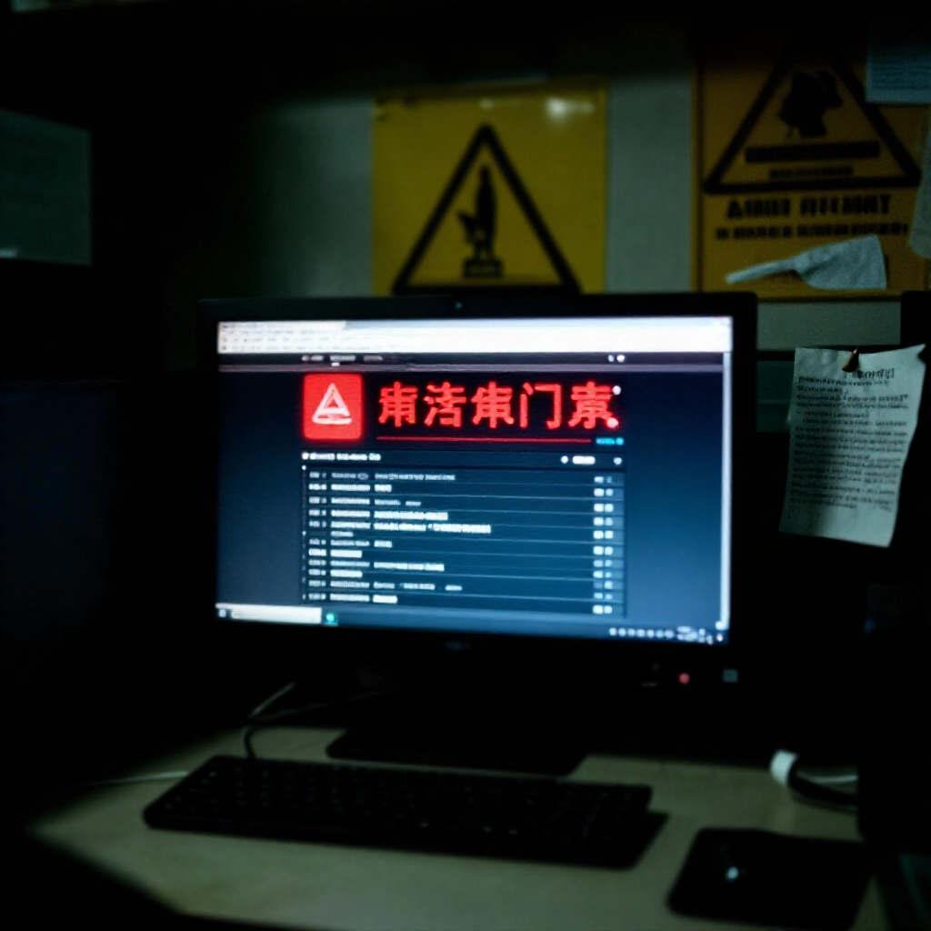 昏暗台灣辦公室，電腦螢幕顯示紅色警示娛樂城標誌與黑名單表格，周圍有警告標誌、警察徽章與受害者筆記，營造緊張緊急氛圍