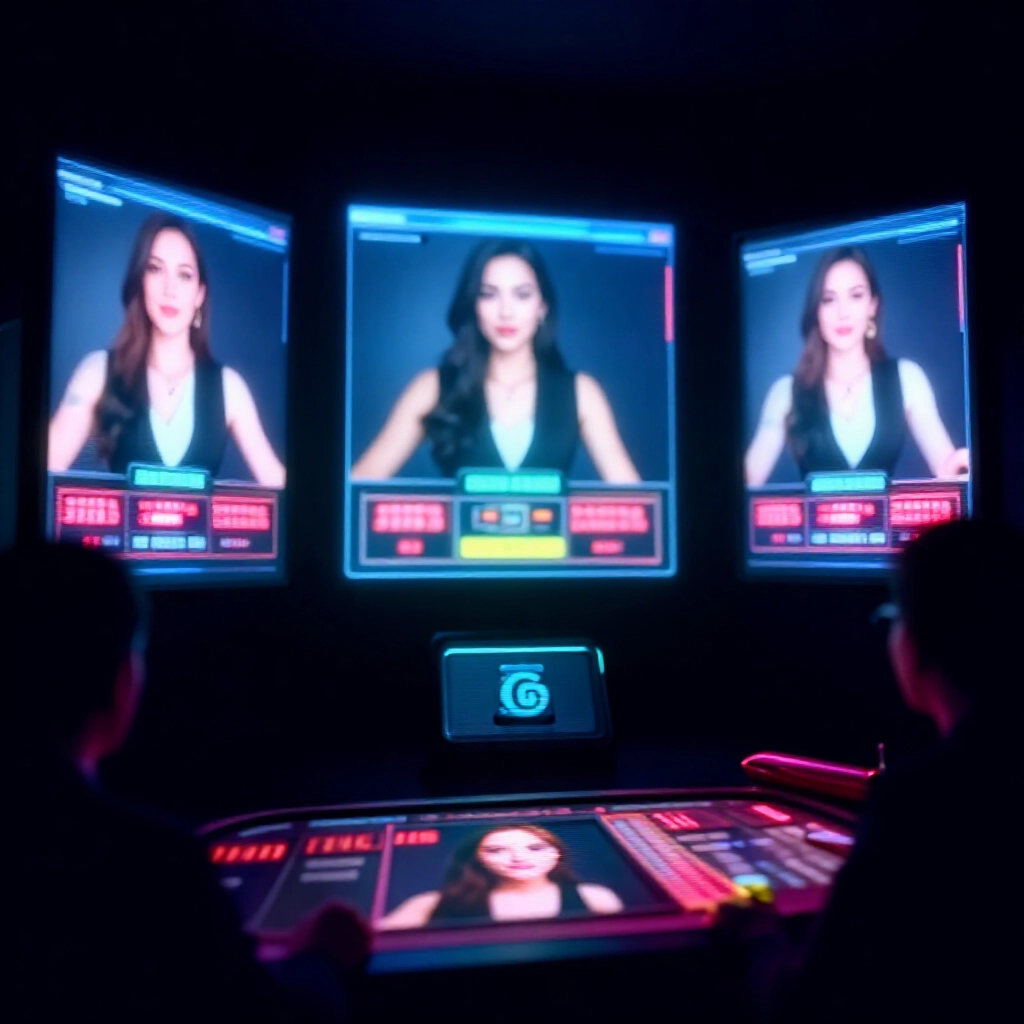 高科技暗室，螢幕顯示 Deepfake AI 生成的美女荷官影片、臉部變形與假贏錢截圖，旁邊虛擬貨幣錢包，網路詐騙氛圍