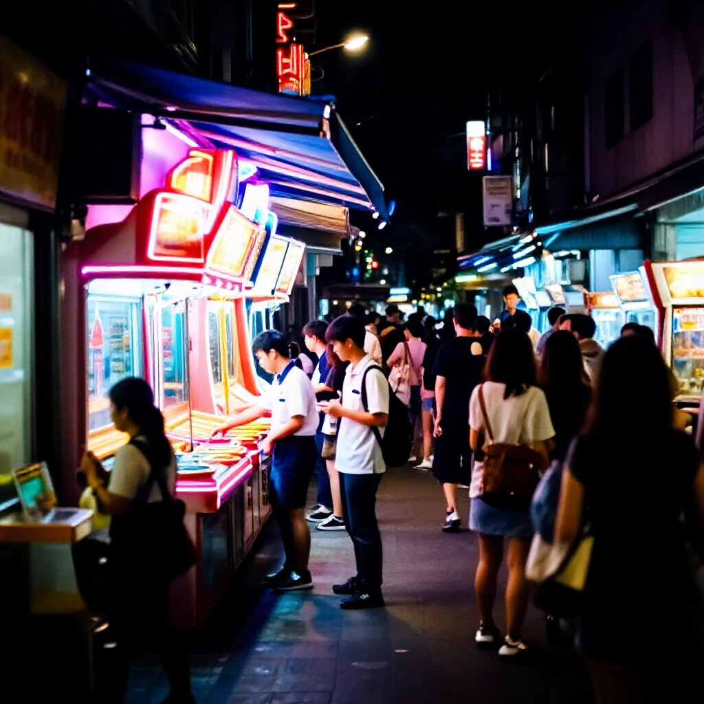 台中夜晚繁忙街道,霓虹燈點亮的遊藝場入口,年輕員工身著制服歡迎多元顧客,濕熱空氣中城市燈光閃爍