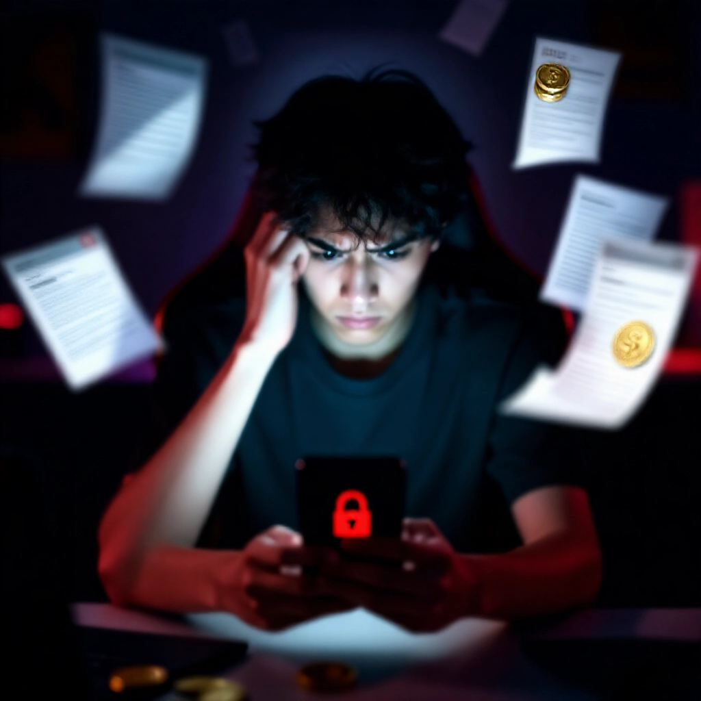 一位擔心的年輕玩家坐在昏暗房間,盯著滿是遊戲幣的手機螢幕,但現金按鈕被紅色叉號鎖住,周圍飄浮法律文件與警示陰影