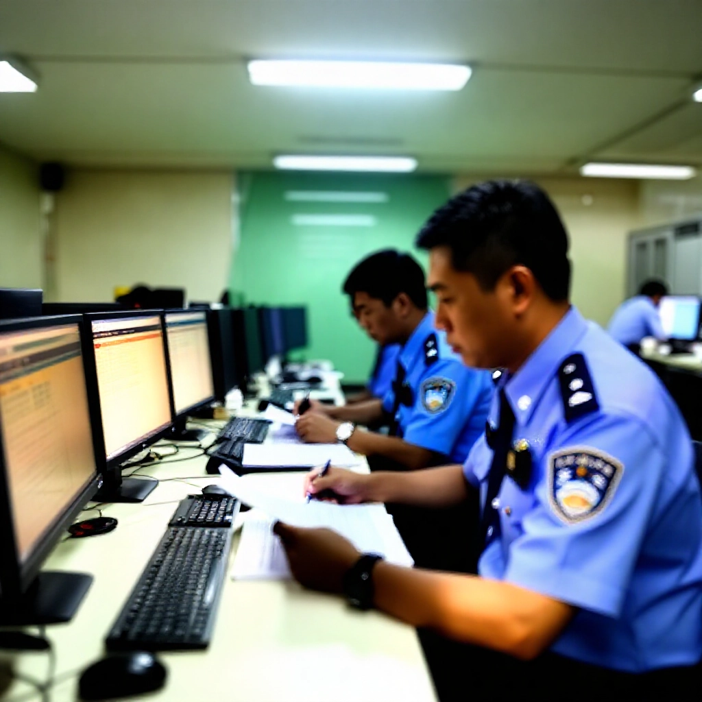 台灣警察在調查桌前審閱文件,周圍電腦螢幕顯示博弈網站,氣氛緊張,強烈燈光照射