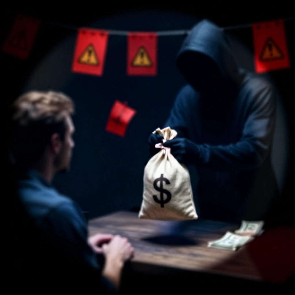 黑暗陰影場景,狡猾經銷商遞錢袋給猶豫玩家,周圍紅色警示旗、鎖鏈銀行帳戶與詐騙警報圖示,營造緊張防詐氛圍