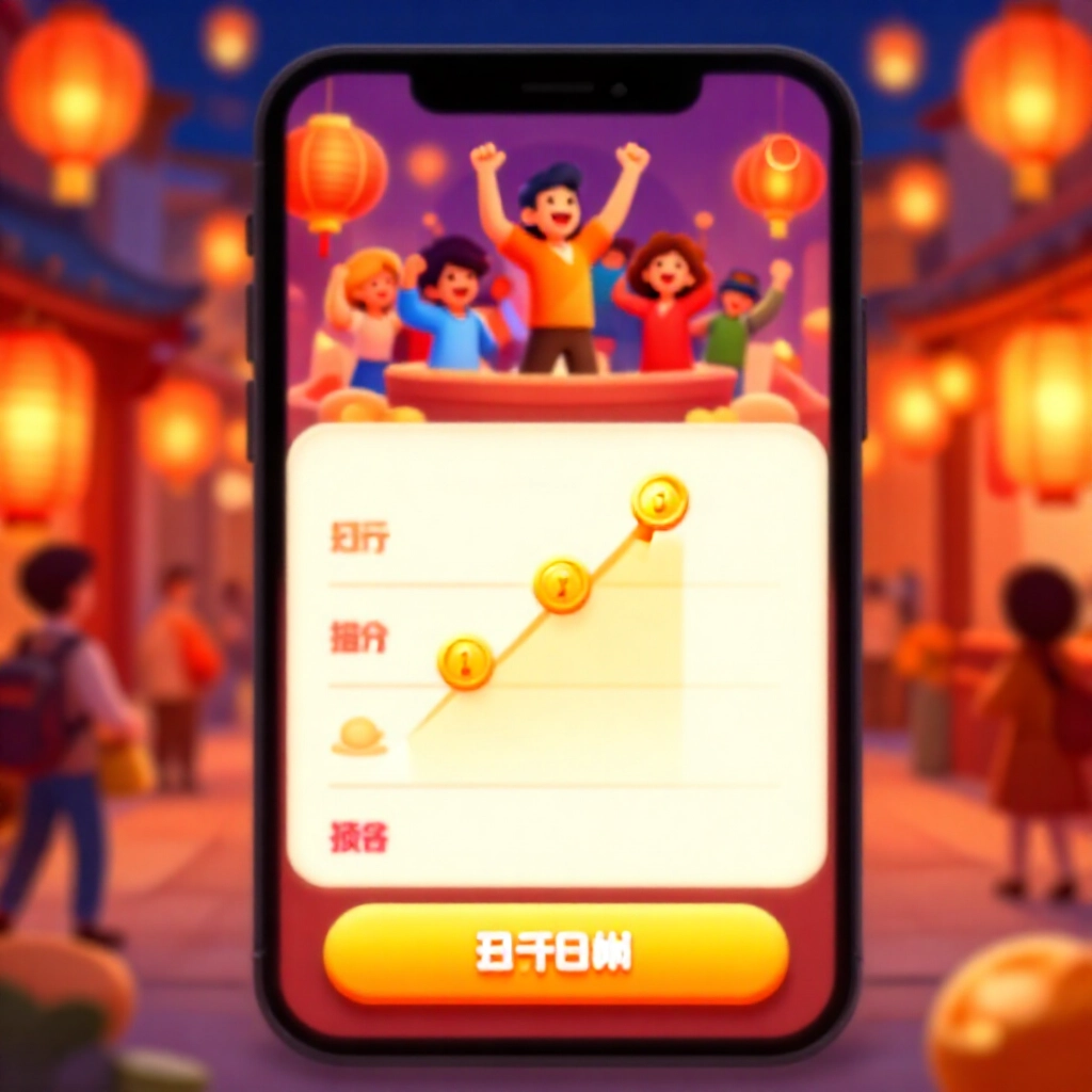 快節奏手機遊戲介面強調每日簽到按鈕、競賽活動與任務清單,i 幣計數器上升,歡樂朋友頭像在紅燈籠燈光下慶祝勝利,熱鬧夜市活力橘色調