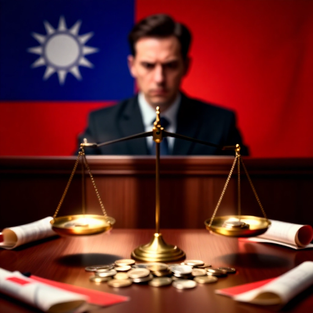 嚴肅法庭場景，天平平衡遊戲金幣與法律卷軸，紅色危險區台灣旗幟背景，權威陰影戲劇金色高光，緊張專業氛圍