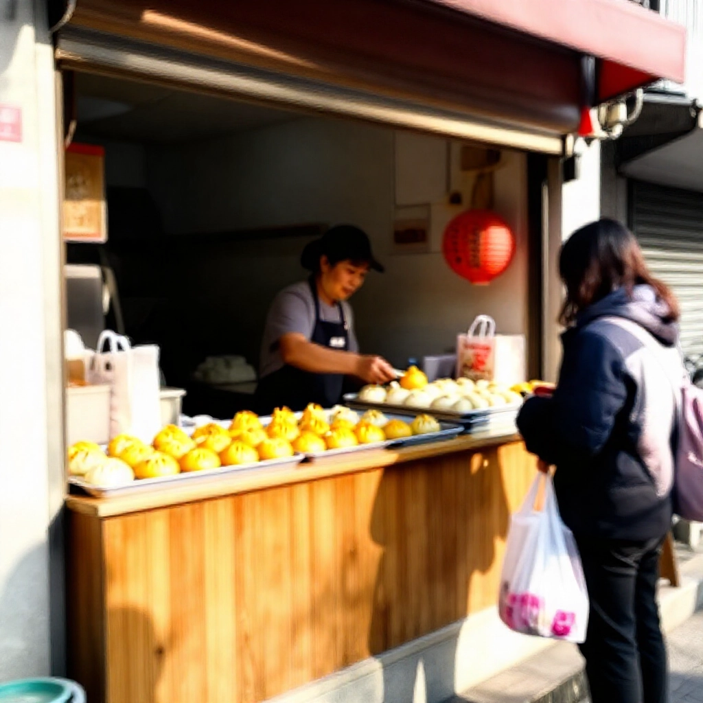 台中一中街早晨陽光溫馨店面展示金黃櫛瓜包新鮮蒸饅頭木製櫃檯友善老闆服務顧客準備全家便利商店取貨袋子