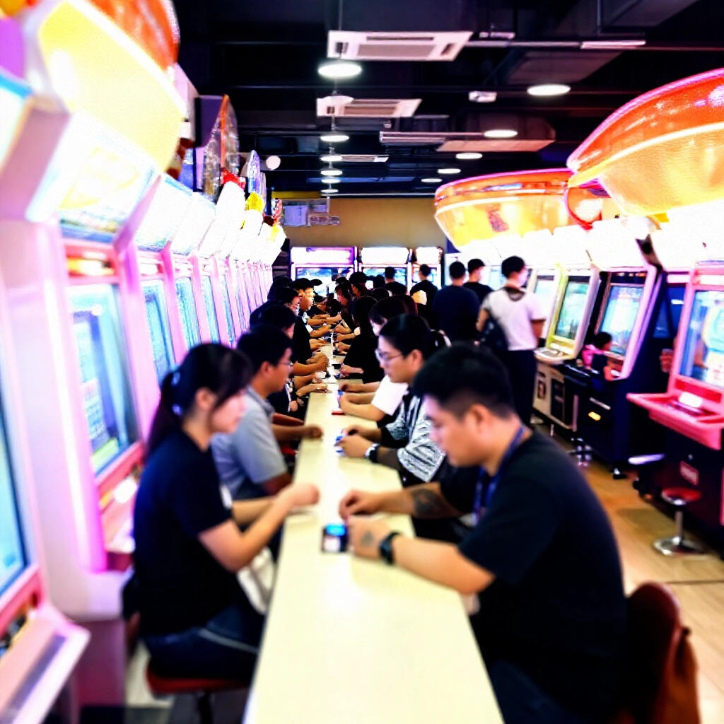 典型台中遊藝場內部,明亮櫃檯員工處理開分兌換,周圍機台排列,喧鬧人群與安管人員監視