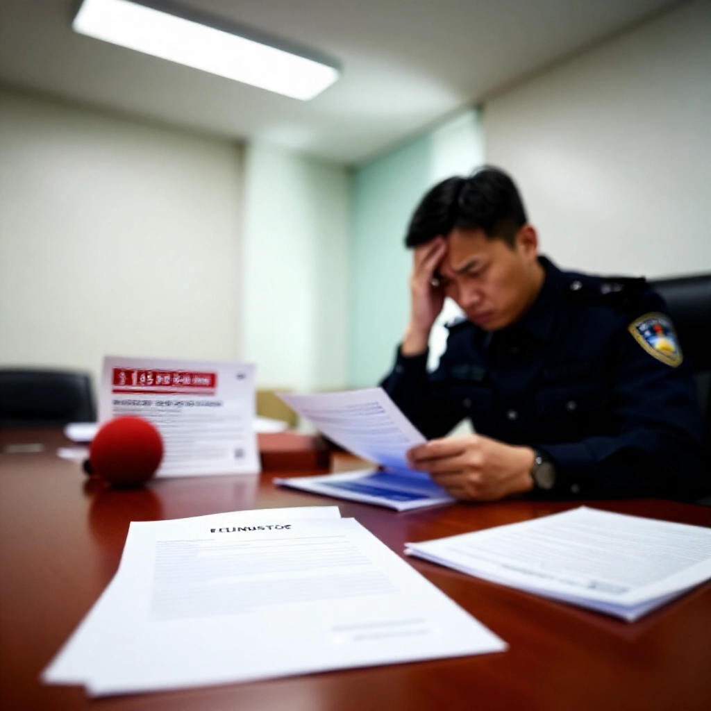 專業會議室，桌上警察傳票，擔憂男子閱讀 165 防詐熱線小冊與法律文件，明亮燈光下傳達焦慮與配合氛圍