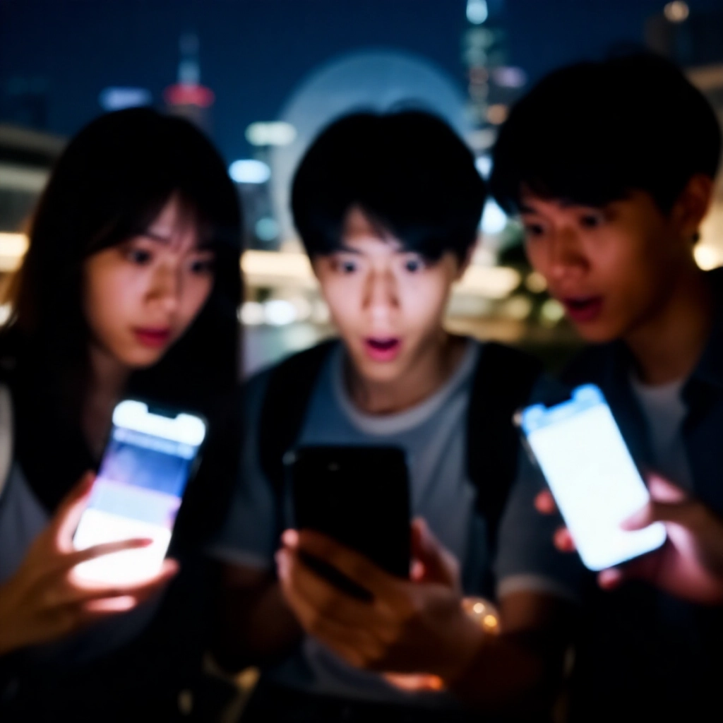 台灣年輕人在都市夜景中拿著手機瀏覽Threads社群博弈貼文,臉上興奮卻猶豫,背景城市天際線模糊