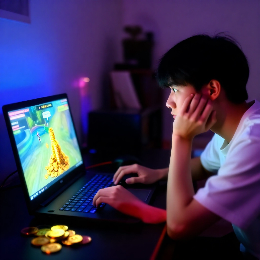 台灣年輕玩家在昏暗臥室中彎腰盯著筆電,螢幕顯示滿載金幣的線上遊戲,聊天泡泡湧現現金交易邀約,流露興奮、擔憂與警覺神情