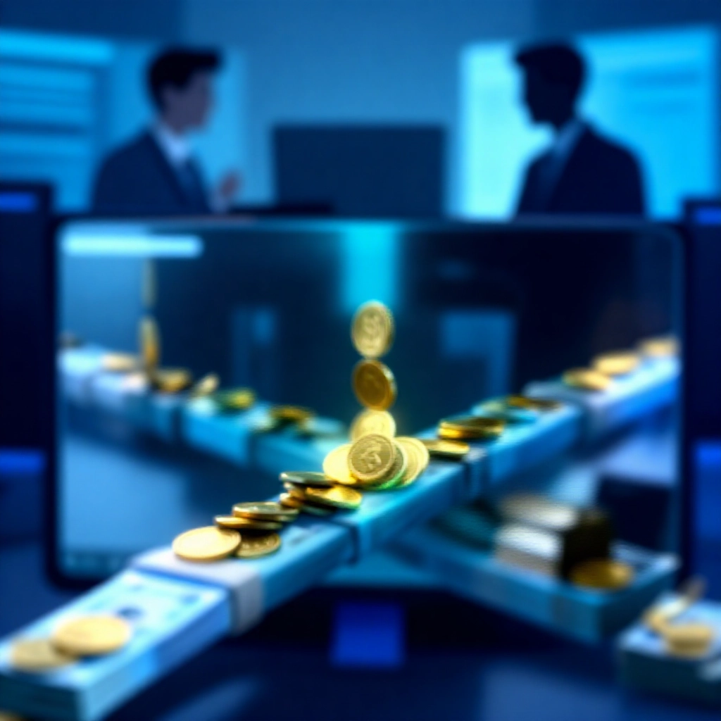 現代數位螢幕顯示生動遊戲幣透過安全交換管道轉換成現金堆疊,背景有專業交易者剪影,柔和藍光營造信任與效率感