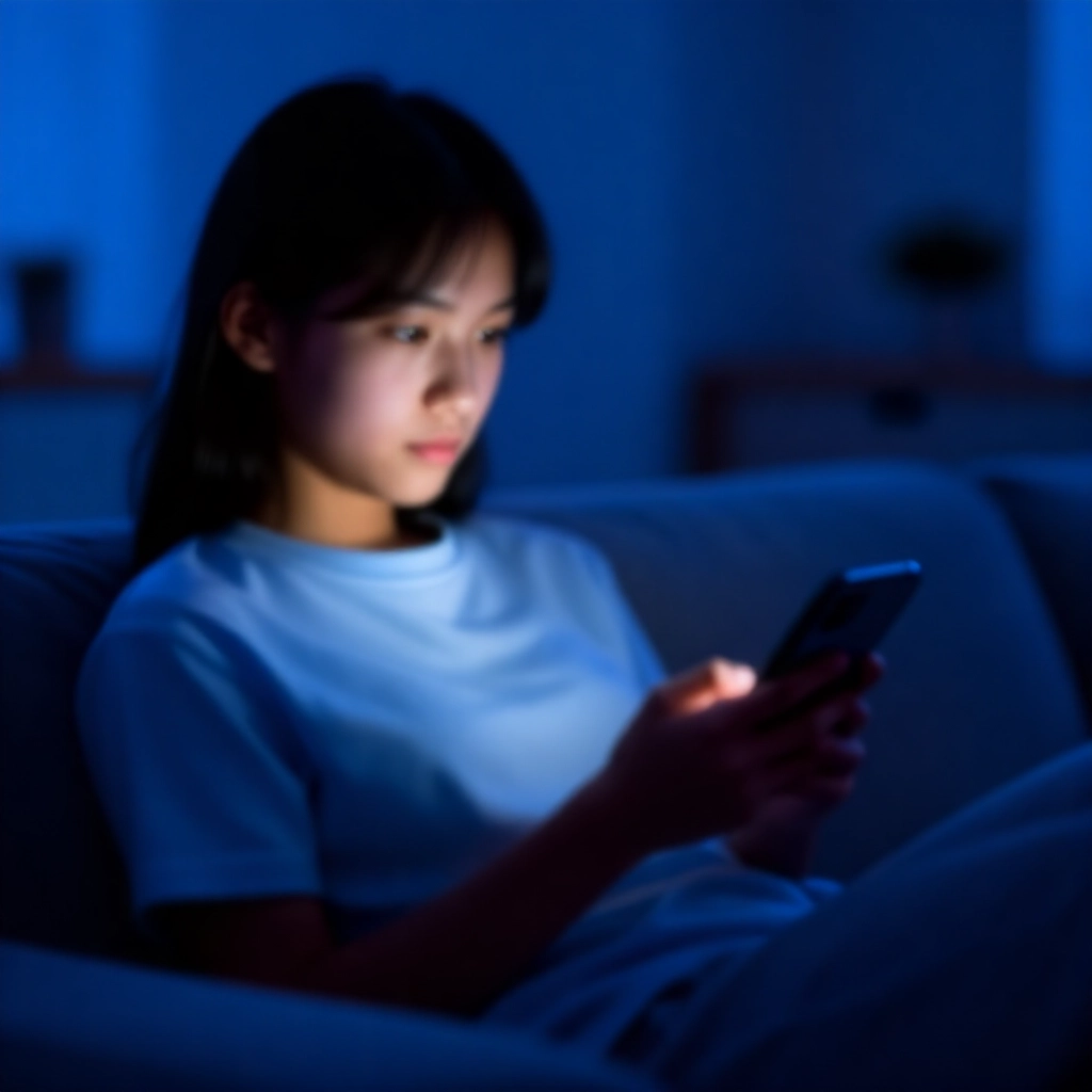 年輕人舒適在家持智慧手機瀏覽投注 App 介面,客廳柔和氛圍,晚間藍調,專注盯螢幕