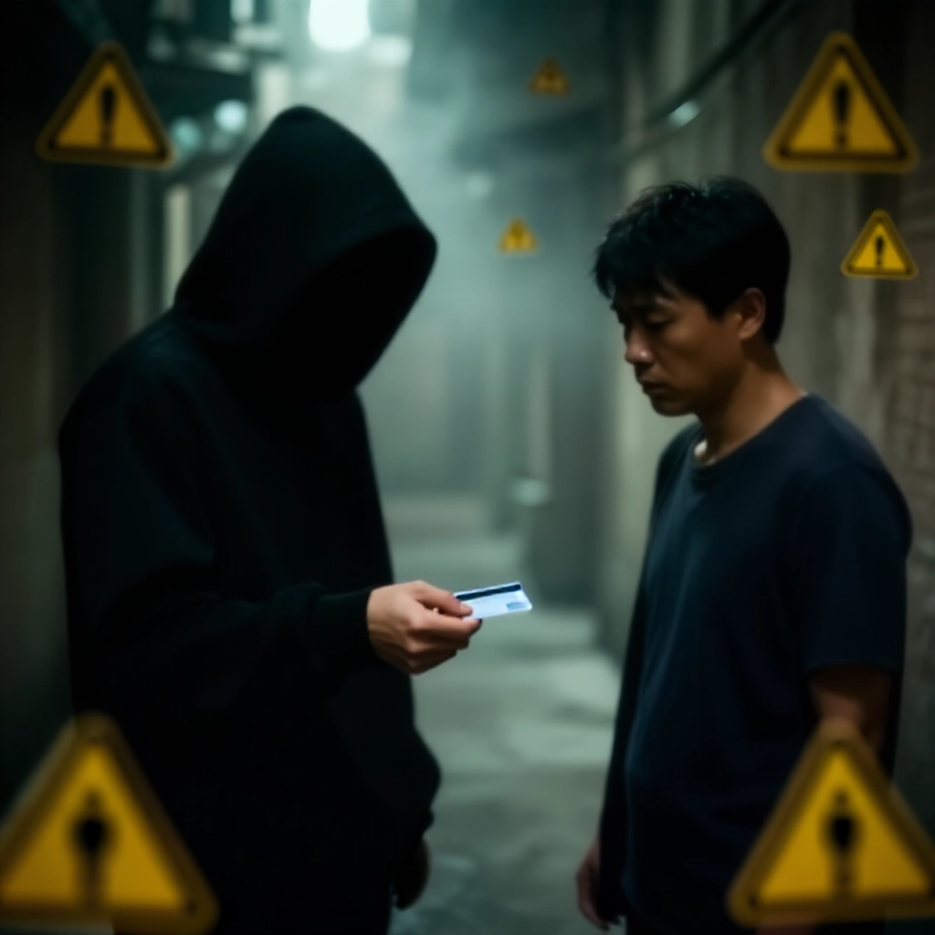 陰影人物在昏暗巷弄從緊張台灣人手中接銀行卡,周圍飄浮洗錢警告符號霧氣瀰漫