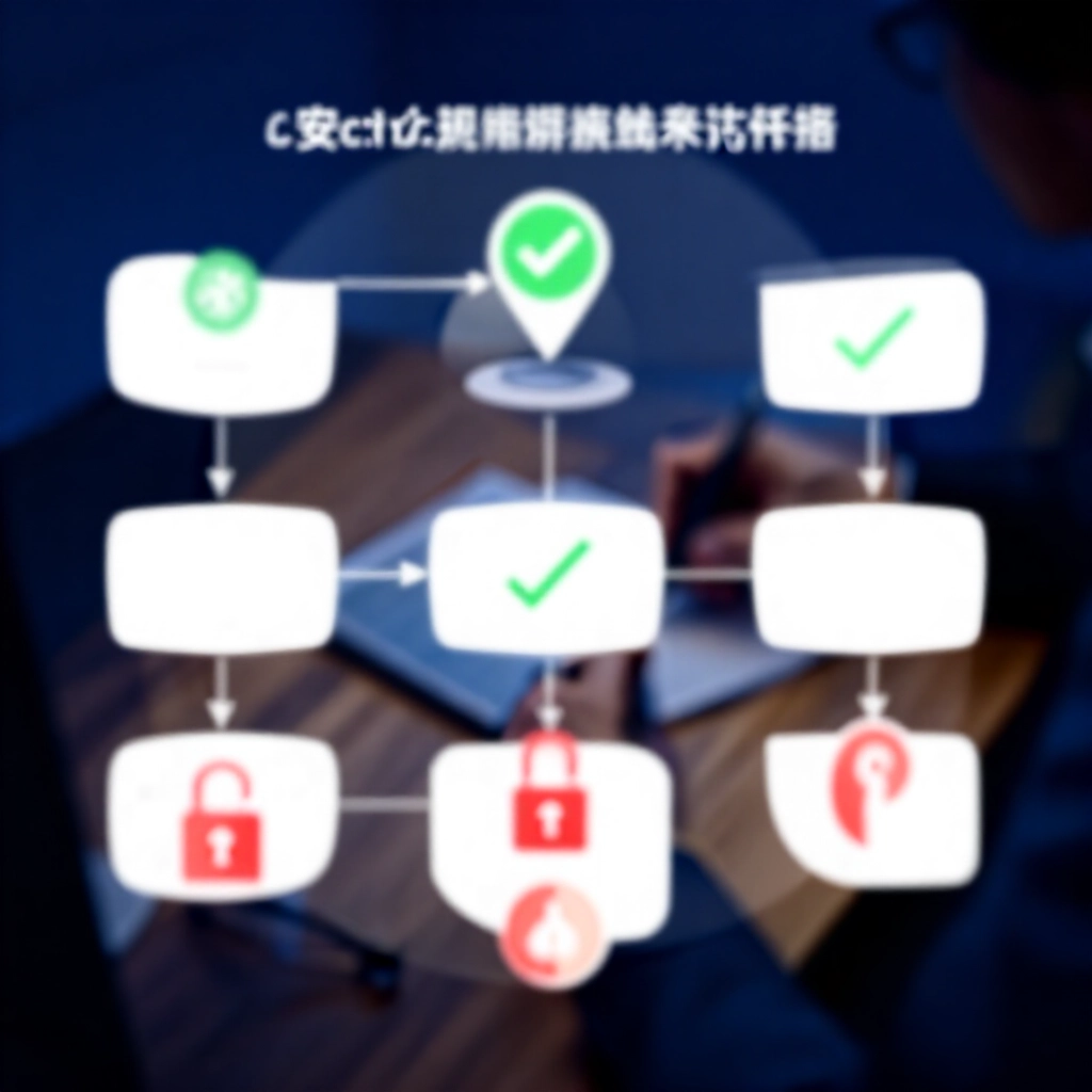 木桌上的詳細流程圖，顯示安全幣商選擇步驟，綠勾紅警示鎖驗證徽章，專業辦公燈光深藍調，專注分析師審核