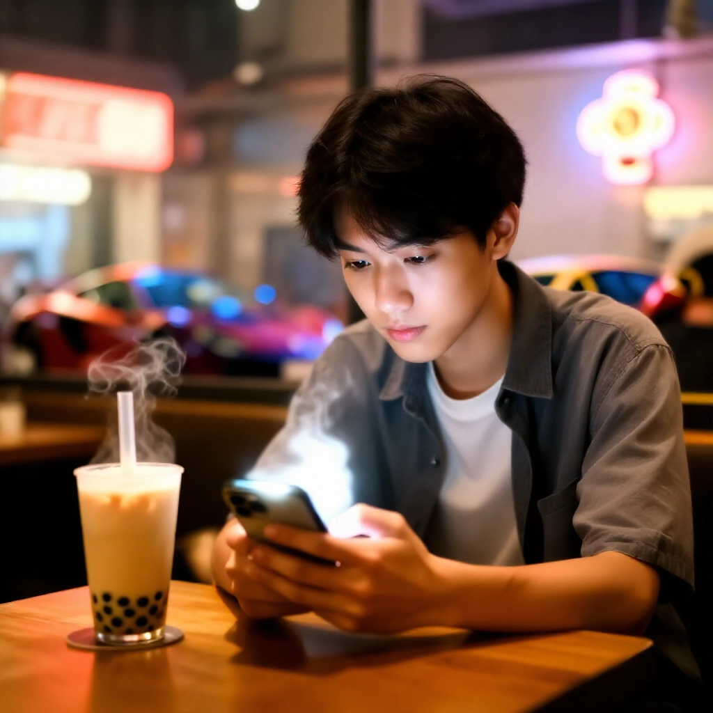 台灣年輕人在夜晚咖啡廳滑Threads，瀏覽奢華跑車與金錶病毒貼文，周圍環繞熱騰騰珍奶與霓虹燈招牌