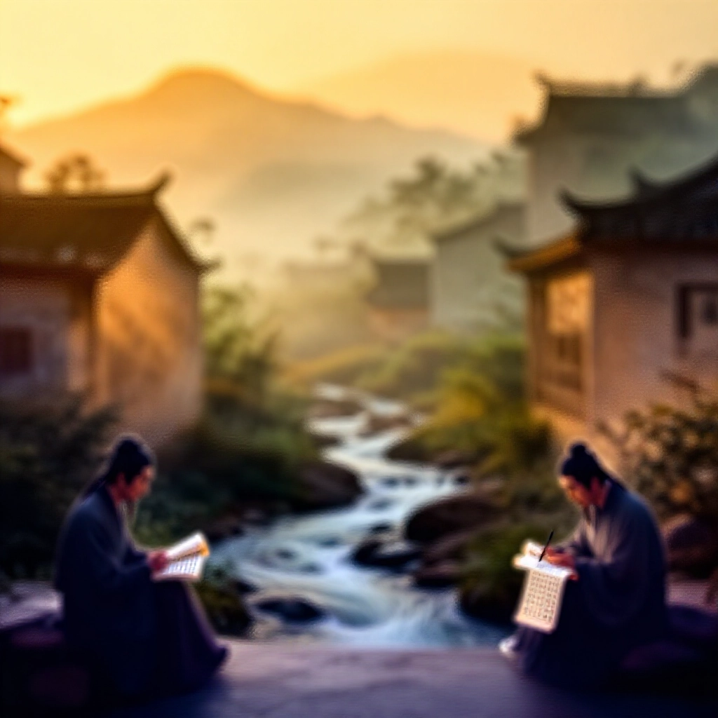 霧氣繚繞的古中國山水景觀中,寧靜山澗無盡流淌,詩人在柔和金色晨光下於卷軸吟詩,喚起永恆文學意象