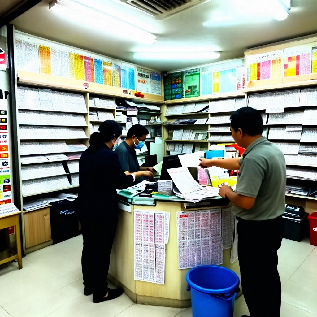 台灣彩券行忙碌內部,店員指向櫃檯剩餘票券與附近垃圾桶,螢光燈照明
