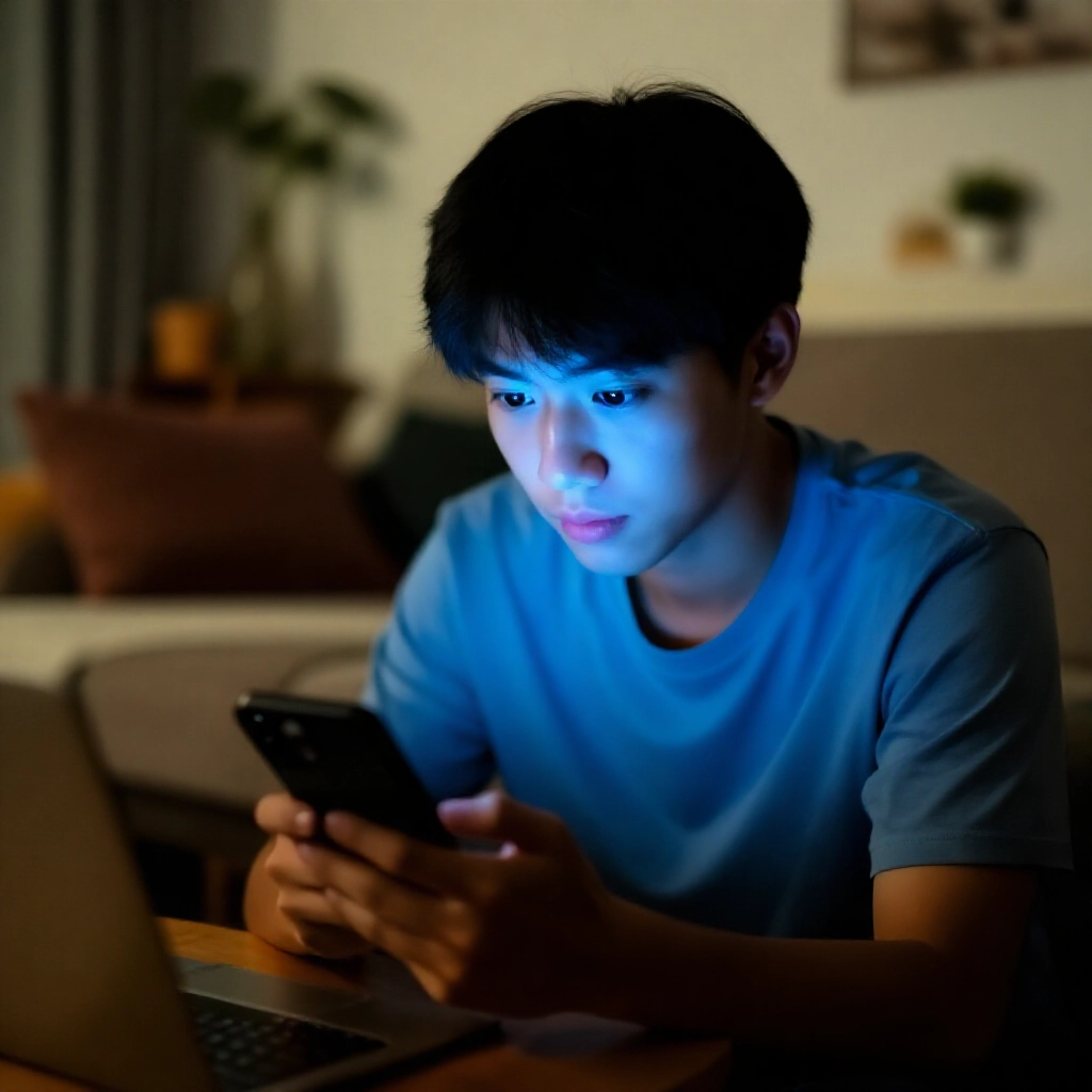 年輕台灣男子在夜晚昏暗客廳專注滑PTT論壇，手機藍光映照好奇臉龐，周圍休閒家居裝飾