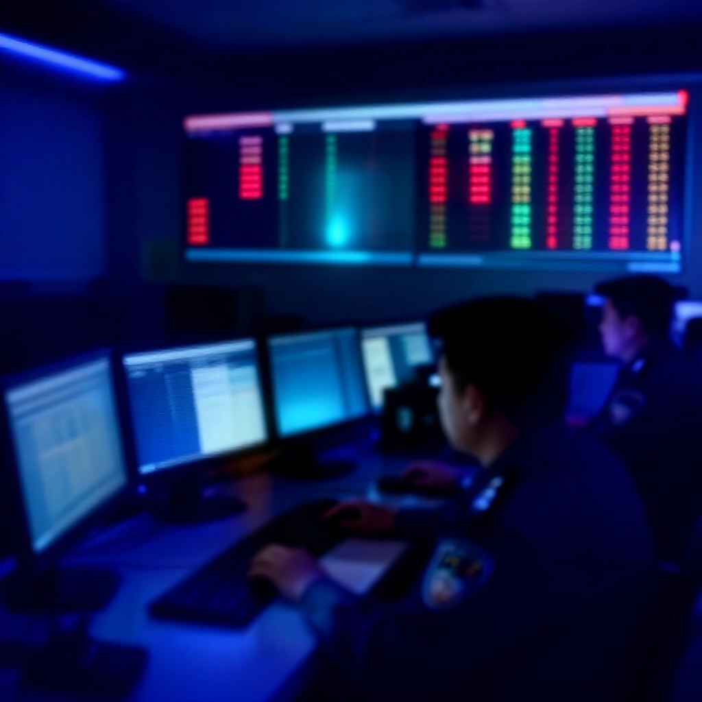 高科技警局控制室,偵查員盯著顯示金融交易圖表與賭博網站標誌的電腦螢幕,藍光氛圍充滿專注氣氛