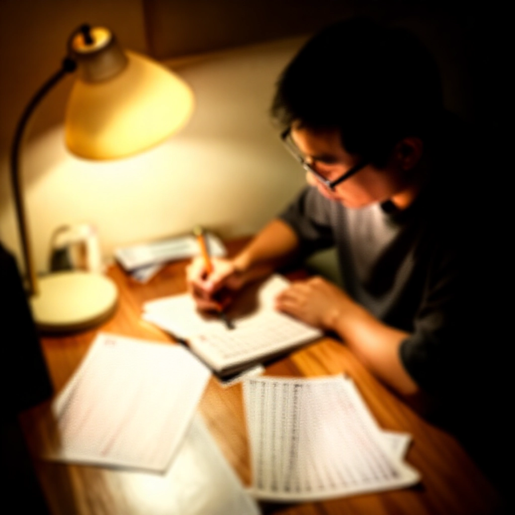 溫馨台灣書房,檯燈暖光灑落,散布樂透票、號碼格與手寫組合公式,中年男子戴眼鏡專注用筆記本計算
