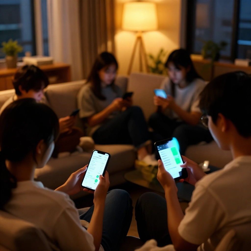 台北公寓溫馨客廳,晚間小團體朋友在沙發上專注玩賺錢App,手機顯示時薪圖表,綠色勾勾顯示成功出金,燈光營造專注心情