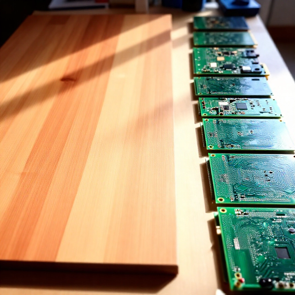明亮工坊場景展示大型邊膠合木板旁邊排列的 PCB 板，在溫暖自然陽光下突顯豐富木紋與精密電路圖案