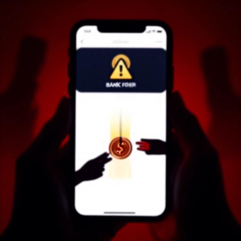 手機螢幕顯示銀行帳戶凍結通知的陰森場景，陰影人物交換遊戲幣換現金，在紅色調氛圍中強調詐騙警示符號