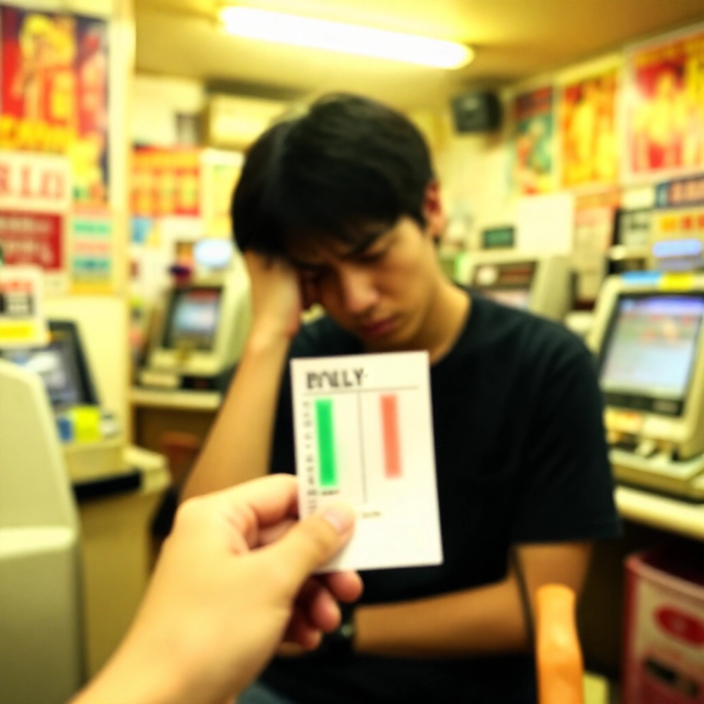一位年輕男子在台灣投注站內失望握著串關彩券，兩關綠色中獎、一關紅色落敗，周圍充滿溫暖黃光、彩色運動海報與投注機台