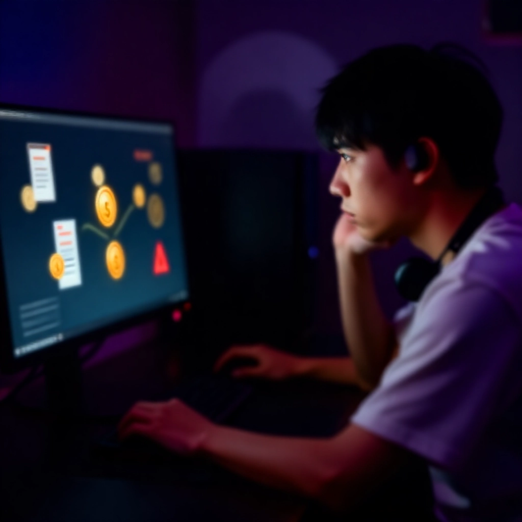 一位擔心的台灣玩家在昏暗房間的桌前，盯著顯示遊戲幣轉換成現金圖示的電腦螢幕，周圍環繞法律文件圖示與紅色警示燈