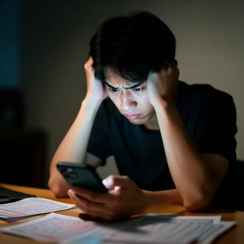 沮喪的年輕台灣投注者盯著顯示串關失敗的智慧型手機螢幕,房間燈光昏暗,散落投注單,臉上充滿緊張表情