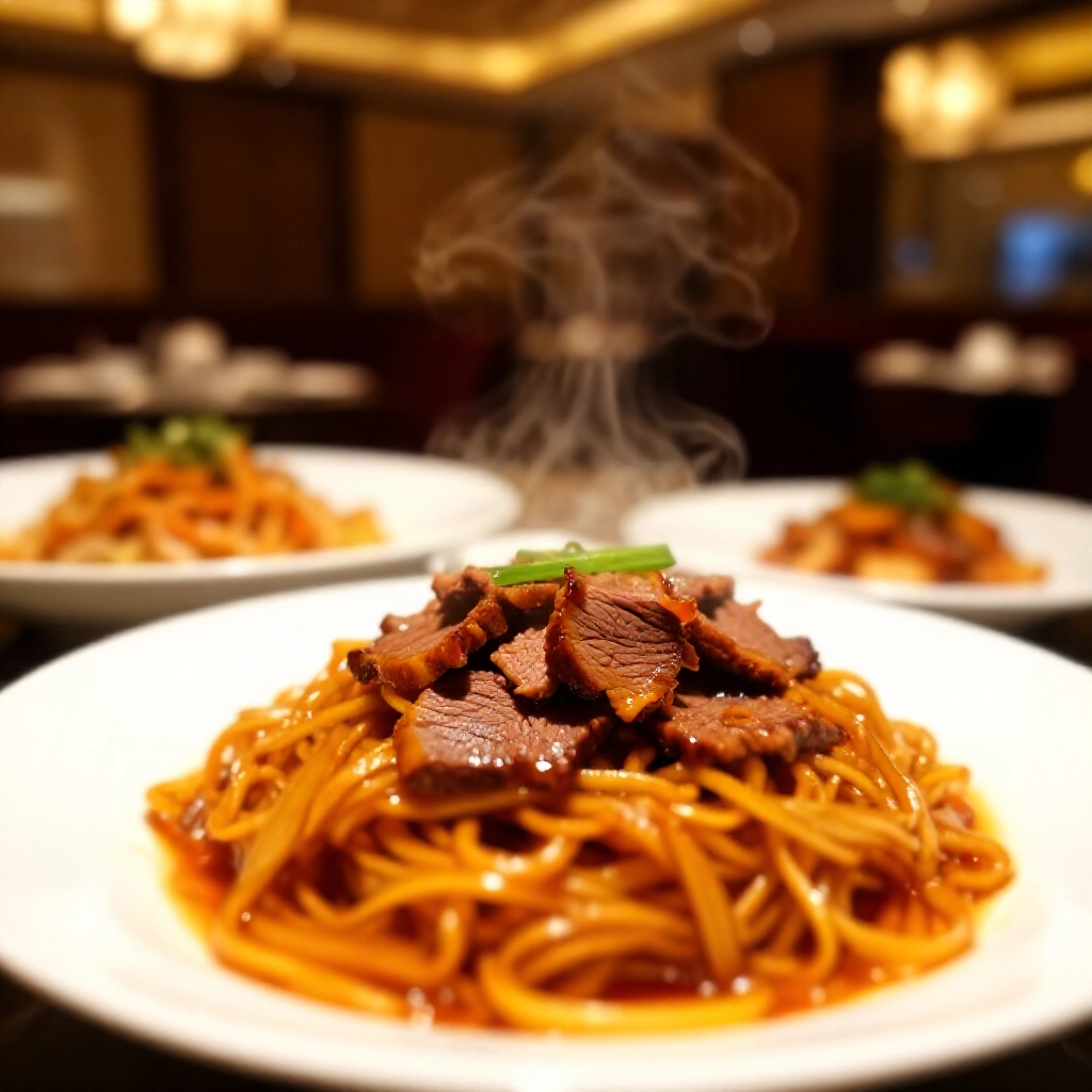 熱騰騰美食牛肉麵特寫、新鮮熱炒菜餚、精緻擺盤、高級用餐區溫暖燈光與誘人食物香氣