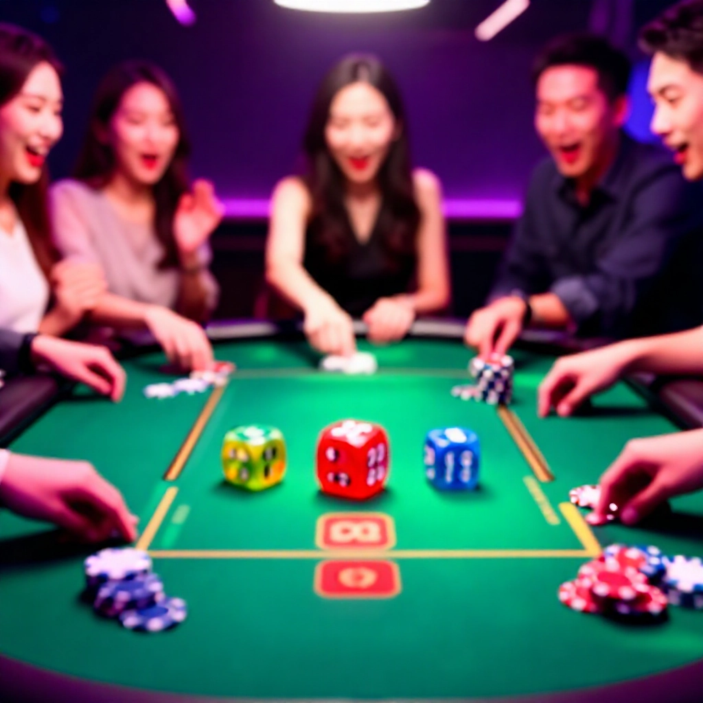 熱鬧賭場骰寶桌,三顆彩色骰子顯示隨機數字,周圍興奮亞洲玩家放置彩色籌碼,明亮燈光與綠氈佈局