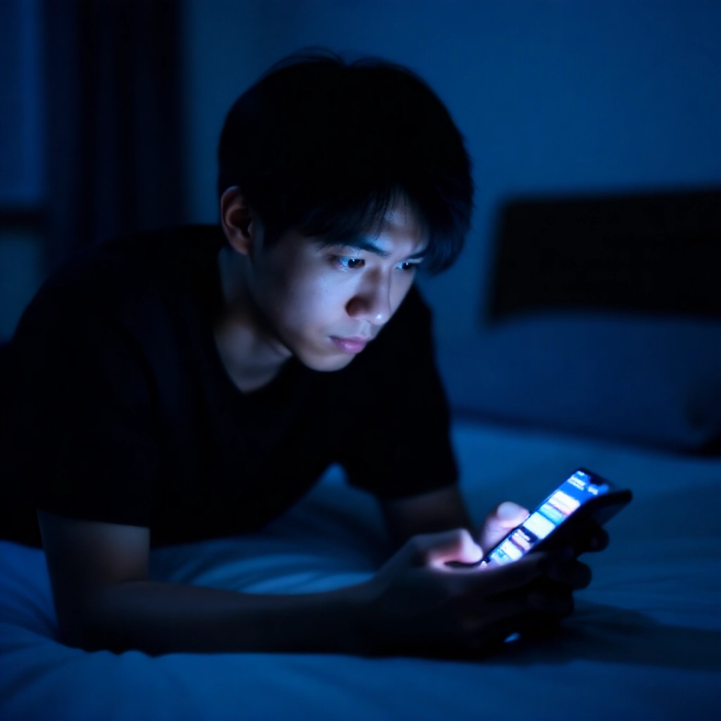 台灣年輕男子在台北昏暗臥室中專注滑手機螢幕，顯示線上娛樂城App介面，藍色陰影營造懷疑與警覺氛圍