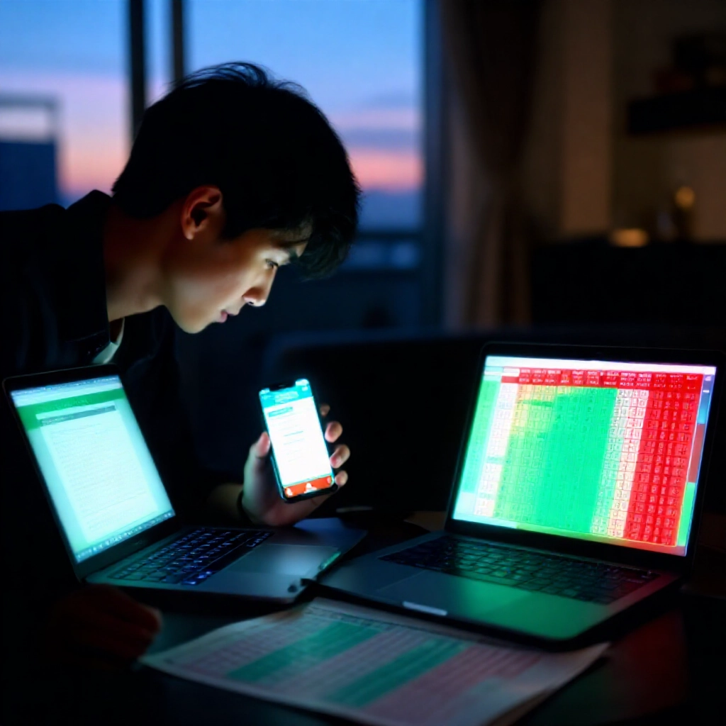 台灣公寓黃昏,年輕男子比較手機上官方運彩 App 與筆電上地下球版賠率盤口,螢光綠紅光閃爍